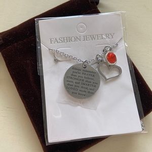 Ruby stone, Silver heart, and quote necklace